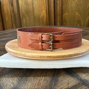 VTG Ralph Lauren Tan Leather Double Buckle Belt with Brass Hardware Women’s M